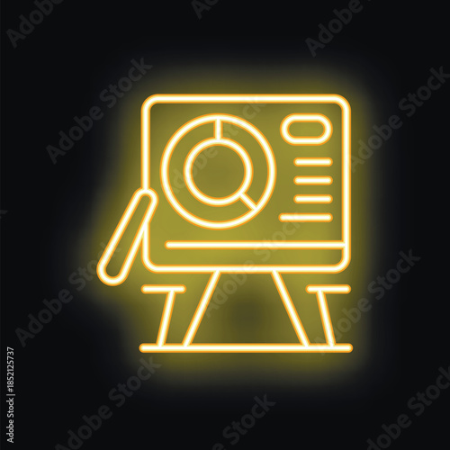 Bright yellow neon icon of a flip chart displaying business growth on a tripod stand, set against a dark background