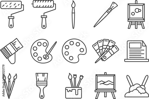 Solid black line icons of neat brush paint roller palette color canvas art set