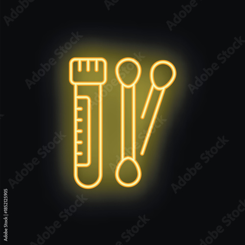 Yellow glowing neon icon of a medical test tube and swabs, representing medical testing, on a black background