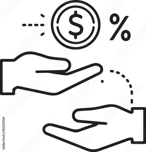 A simple clean line art illustration of an open hand holding a coin with a dollar sign symbolizing financial assistance payment or investment
