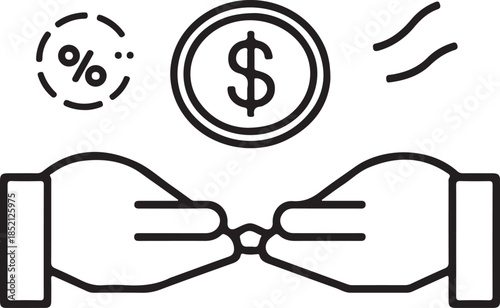 Hands offering money a black and colored graphic illustration
