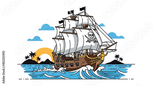 Pirate ship sailing through tropical waters with skull flag
