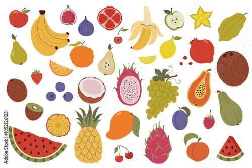 Collection of various fruits and berries. Natural tropical fruits. Papaya, banana, lemon, orange, pear, watermelon, peach, mango, strawberry. Flat vector illustration isolated on white background.