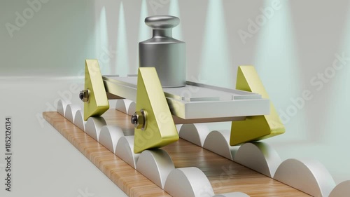 A metal cart on triangular wheels demonstrates the ability to move along a special wavy track