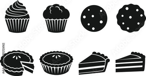 Collection of sweet baked goods icons including cupcakes, cookies, and pie slices