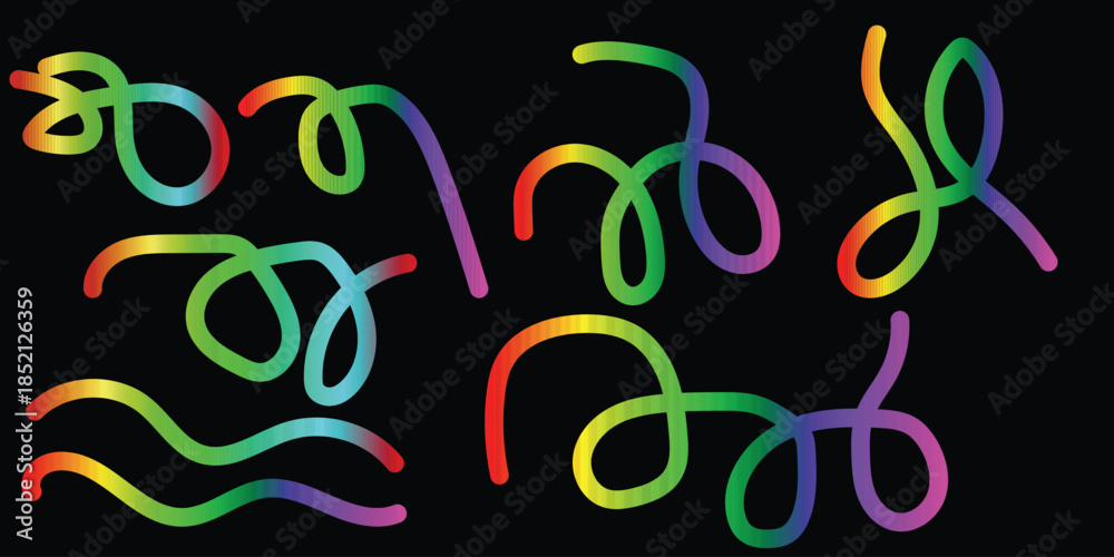 Naklejka premium Abstract Color Line Shapes 3D Gradient Wave Pattern Vector Rainbow Swirl Ribbons Fluid Graphic Design Black Background