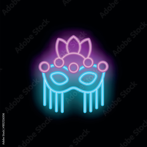 Neon sign of a colorful carnival mask, glowing in the dark, perfect for party and celebration themes