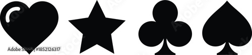 Four iconic symbols: heart, star, club, and spade, presented in bold black silhouettes against a clean white background.