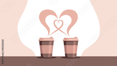 Couple sharing love over steaming cups of coffee in heart shaped steam