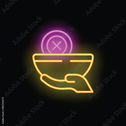 Neon style icon of hand holding empty bowl with cross sign, concept of hunger or poverty