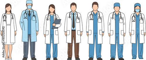 Medical professionals characters set, doctors and nurses team, hospital staff illustration, healthcare workers in uniform, cad drawing flat vector illustration