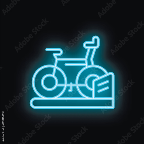 Blue neon sign depicting a stationary bike used for indoor cycling workout