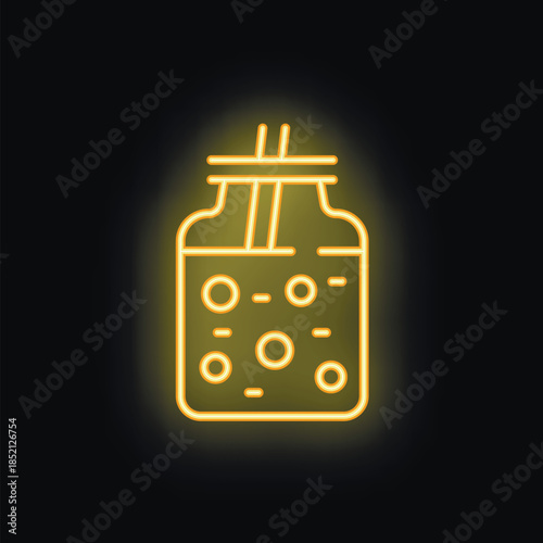 Neon sign of a glass jar with kombucha fermenting with a scoby inside, on a black background