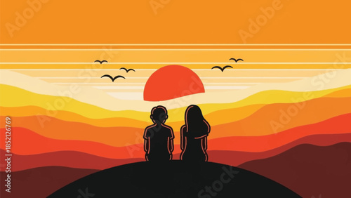 Couple watching vibrant sunset together on hilltop at dusk