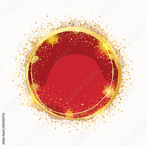 Golden circle with red center. Glitter sparkles effect. Vector illustration of shiny border. Red and gold abstract design. Luxury background element. Sparkle texture. Round shape with