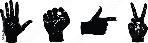Silhouette vector set of 5 hand gestures open palm fist thumbs up pointing finger and peace sign