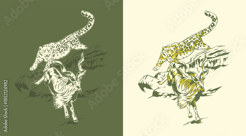 Wildlife Action Scene Mountain Tiger and Ibex Vector