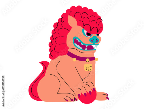 Chinese guardian lion with red mane and golden bell holding a ball. Lunar New Year protection symbol flat vector illustration