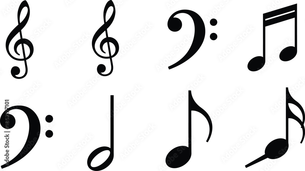 Fototapeta premium Silhouette vector set of 6 musical notes and clefs treble bass eighth and quarter notes