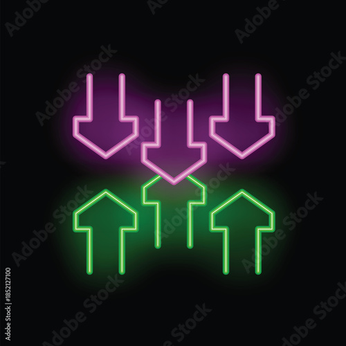 Green and purple neon arrows pointing up and down on a black background, symbolizing market volatility