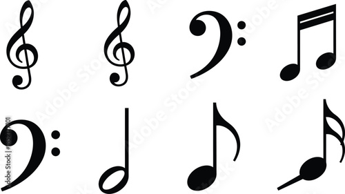 Silhouette vector set of 6 musical notes and clefs treble bass eighth and quarter notes