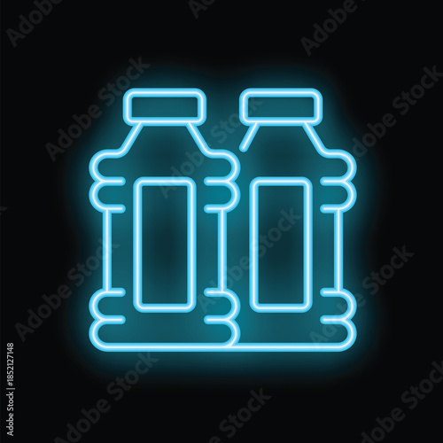 Blue neon sign illustrating two bottles, perhaps of water or soda, on a black background