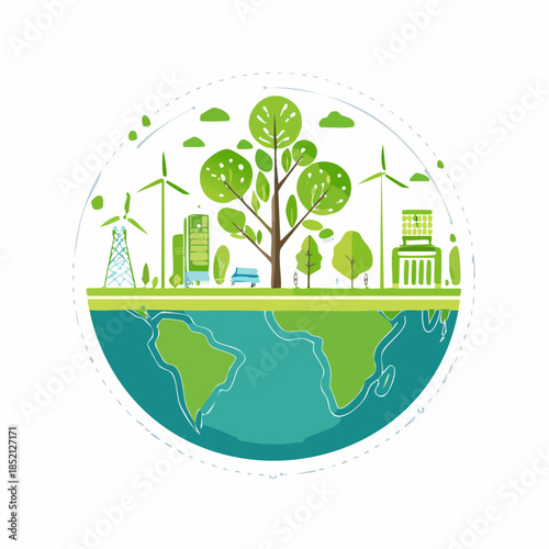 Eco friendly globe icon. Green earth with tree, wind turbines, buildings. Sustainable environment symbol. Vector illustration on white background. Ecology concept. Environmental protection