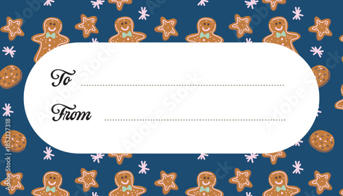 Christmas gift tag with gingerbread cookies and stars on dark background.