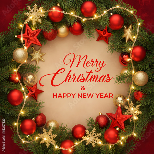 christmas background with christmas tree branches and balls