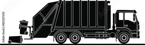 Garbage truck collecting trash cans