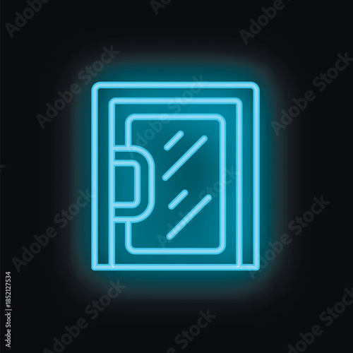 Bright glowing blue neon safe deposit box icon is set against a dark background