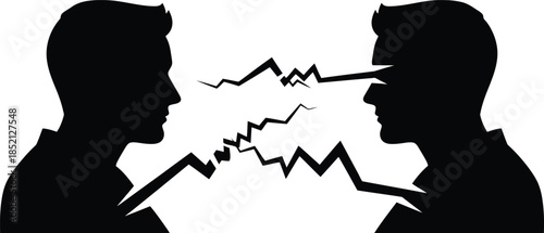 Two angry men in a silhouette engaging in an intense verbal dispute with jagged lines representing conflict
