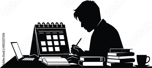 Young man studying or working diligently at a desk with books laptop and a calendar silhouette