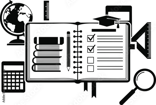 Comprehensive education and learning concept with books calculator globe and school supplies silhouette