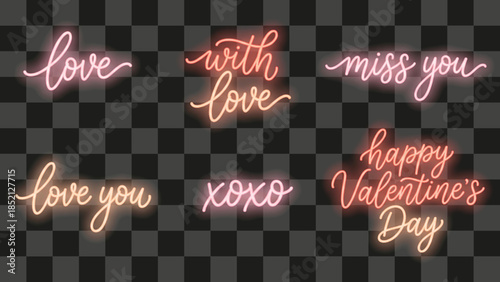Set of pink neon script handwriting text, glowing light effect for Valentine's Day celebration, romantic cursive lettering bundle, isolated on transparent