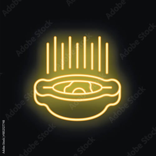 Yellow neon icon of a bowl of hot soup steaming on a black background