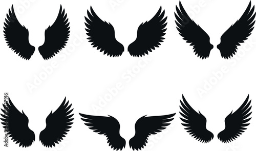 Angel Wings Silhouette Set with Symmetrical Black Feather Shapes for Tattoo Logo and Design – Vector Illustration