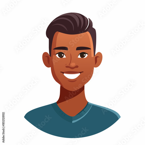 Smiling young man. Cartoon illustration. Brown skin. Dark hair. Blue shirt. Vector portrait. White background. Male character. Facial expression.