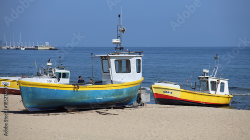 Fishing boats on sandy Sopot Beach