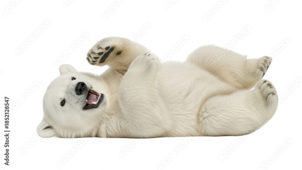 Obraz premium Adorable young polar bear cub lying on its back isolated PNG with Transparent Background
