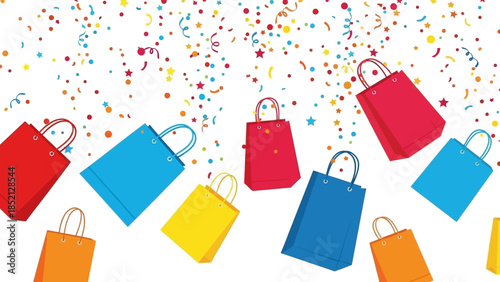 Colorful Shopping Bags and Confetti Celebration Background.