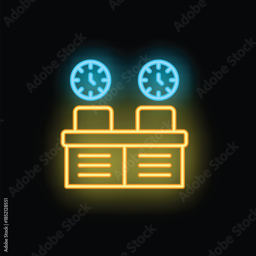 Neon sign of two desks with two clocks above them representing the concept of working overtime
