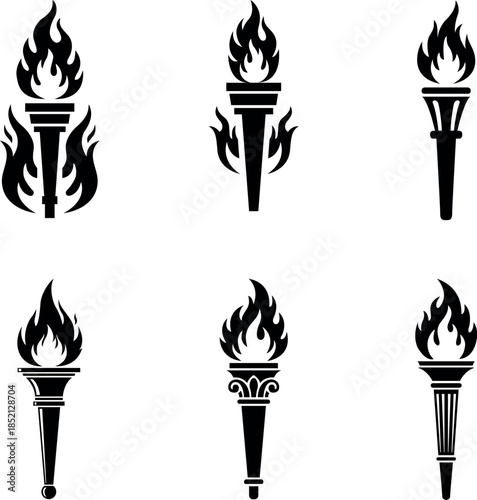 Collection of six distinctive torch illustrations in black on white background