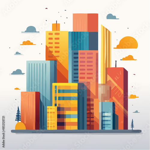 City skyline. Colorful urban landscape. Modern building illustration. Vector cityscape. Flat design. City buildings. Urban architecture. Skyline view. White background.