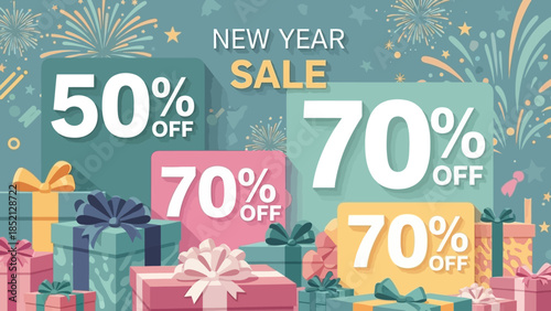 New Year Sale Promotion with Discounted Offers and Festive Gift Boxes.