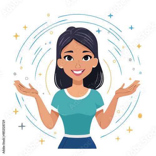Smiling woman with dark hair. Cartoon illustration of female character. Teal shirt and blue skirt. White background with colorful sparkles and circles. Vector design element. Modern flat
