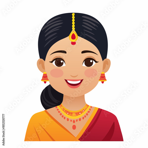 Indian woman portrait. Cartoon illustration of a smiling woman wearing traditional Indian clothing and jewelry. Vector graphic of a woman with bindi and bangles. Red and orange sari. White