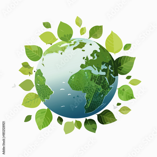 Earth globe illustration. Green leaves surrounding the world map. Eco friendly symbol. Vector design for ecology and environment. Green planet earth. Leafy globe icon. Environmental