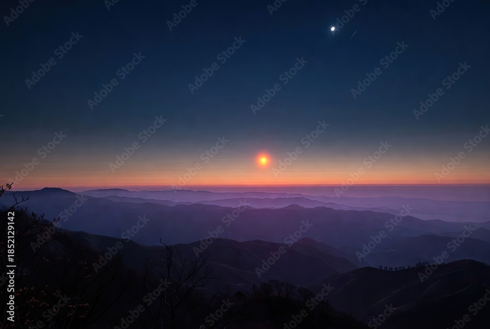 Naklejka premium A serene twilight over rolling mountains with a vibrant horizon and distant celestial bodies