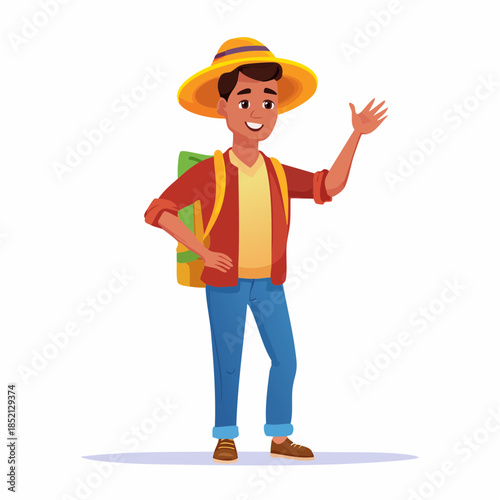 Cartoon man in hat and backpack. Young traveler illustration. Male tourist character. Vector graphic. White background. Friendly man waving.